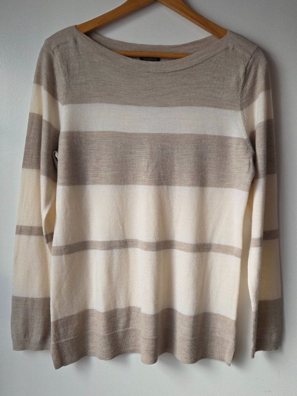 EUC LIKE NEW TALBOTS PURE MERINO WOOL BOATNECK STRIPED CREAM/BEIGE SWEATER SZ L